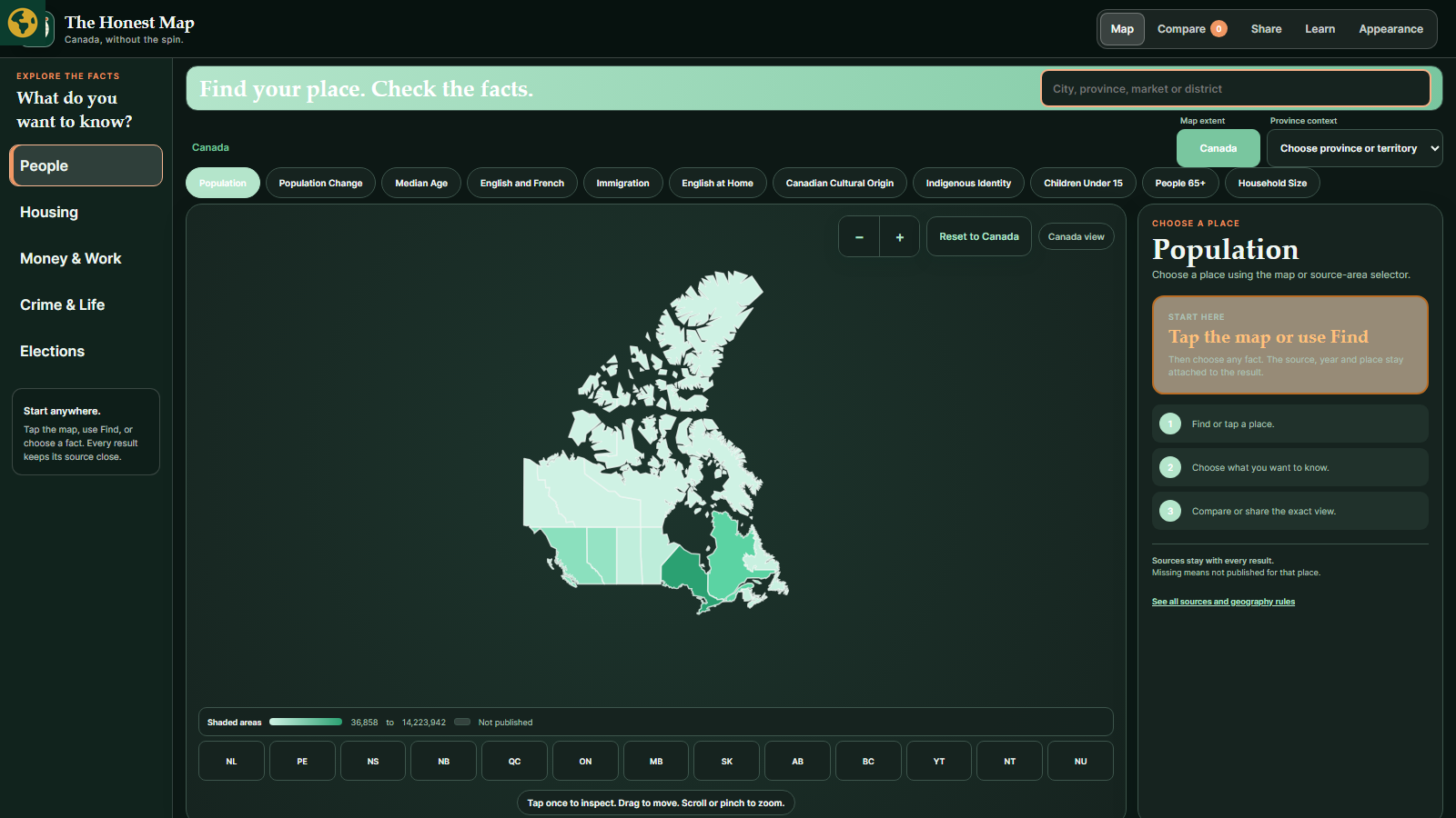 The full Honest Map version 4.0 beta interface with the approved gold globe identity