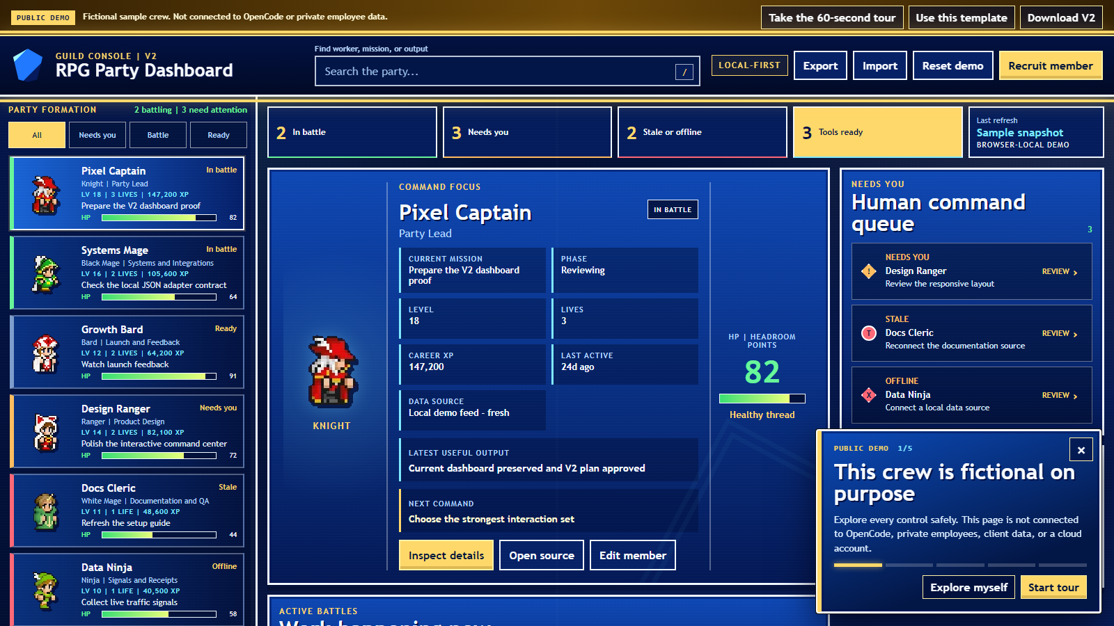 The current RPG Party Dashboard showing AI agents as a game party